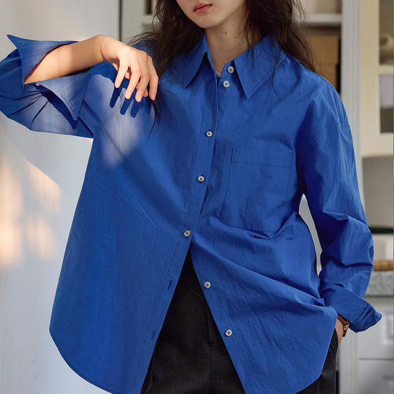 Deconstructing Spring Day "wear more clothes" placket du special design French blue shirt small top