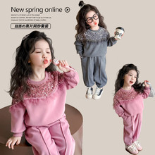 女童亮片网纱套装2025春季新款卫衣时尚休闲两件套甜美女小童套装