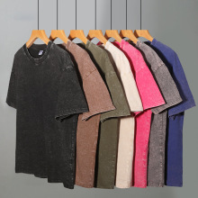 220克重磅美式宽松复古做旧水洗短袖t恤男纯色棉圆领落肩短袖上衣