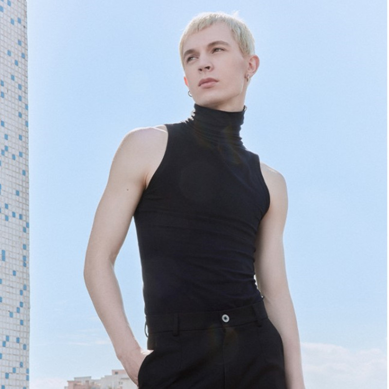 Russian Cross-border Men's Black Sports Sleeveless T-shirt Slim-fit Slim Vest White High Neck T-shirt Base Solid Color Casual