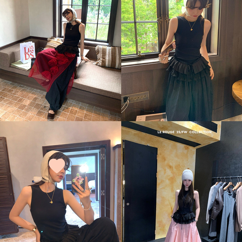 le rouge周美美 Ballet change绑带百褶裙摆拼接圆领修身背心上衣|undefined