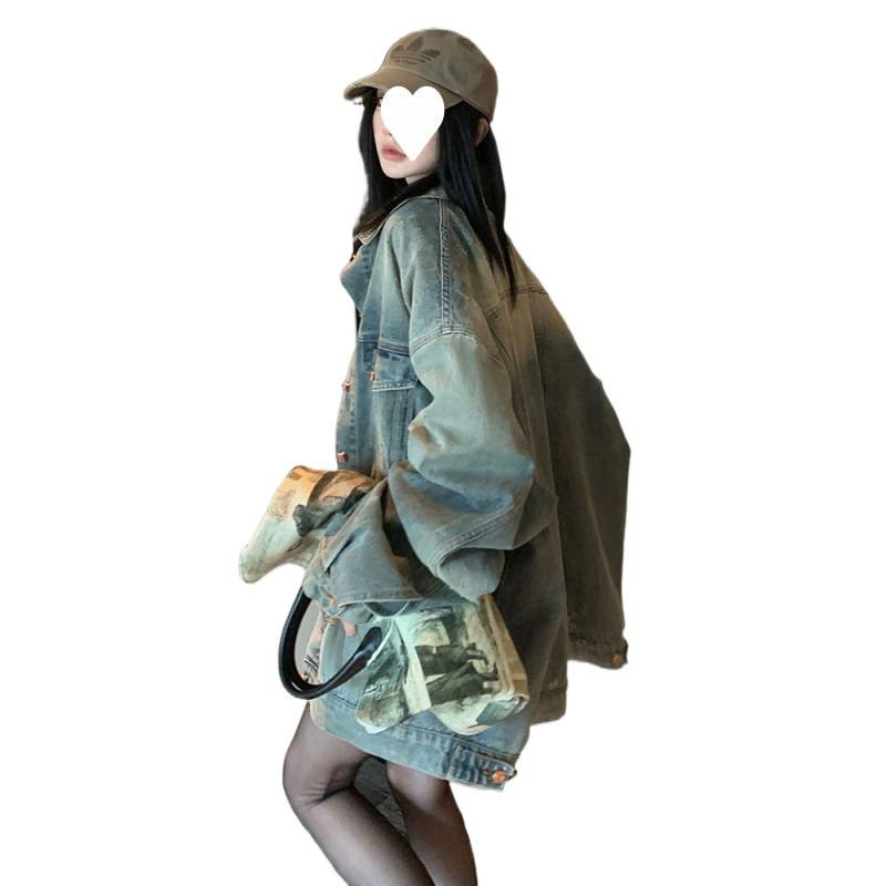 早秋美式复古水洗做旧牛仔外套女中长款宽松秋秋2025新款夹克上衣|undefined