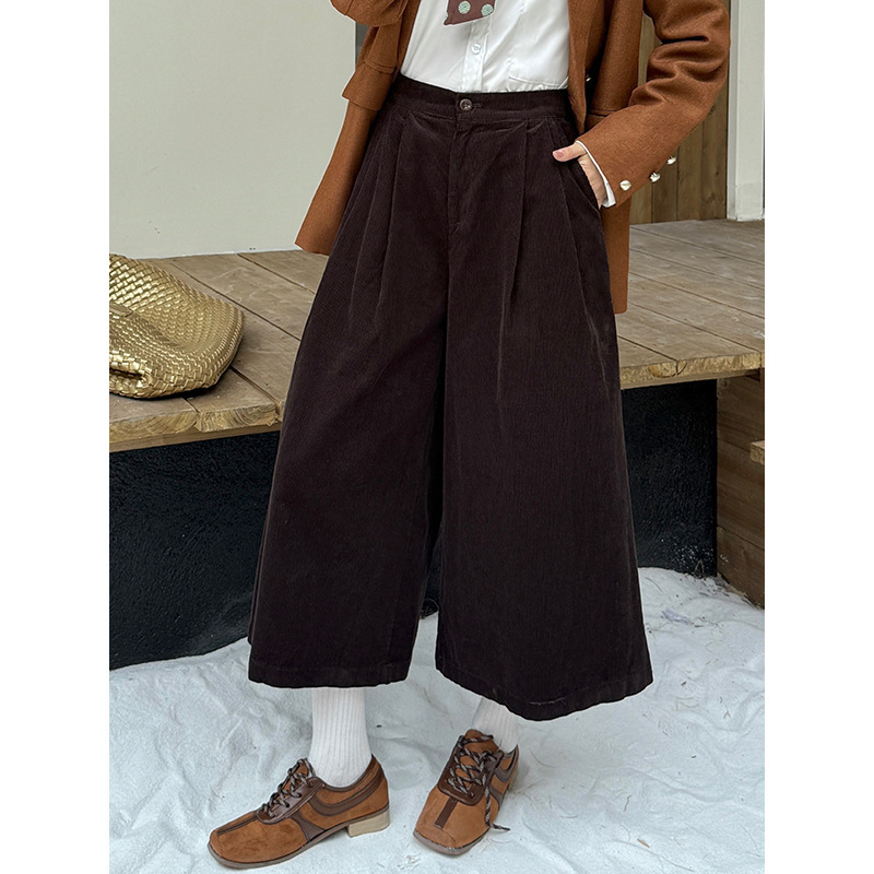 Yunchang Retro Corduroy Cropped Pants Women's Winter Loose Wide-Leg Casual Pants Brown Long Pants K0147