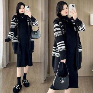 Real Shot in stock Striped Hooded Sweater Cardigan Black Turtleneck dress