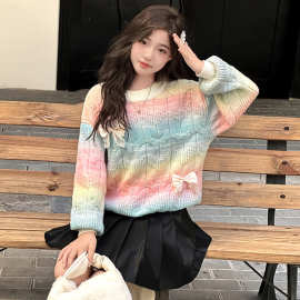 女童毛衣秋冬季2025新款中大童时尚洋气韩系甜美渐变撞色宽松毛衣