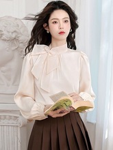 2025秋款感缎面衬衫设计感小众衬衣法式气质欧根纱蝴蝶结上衣