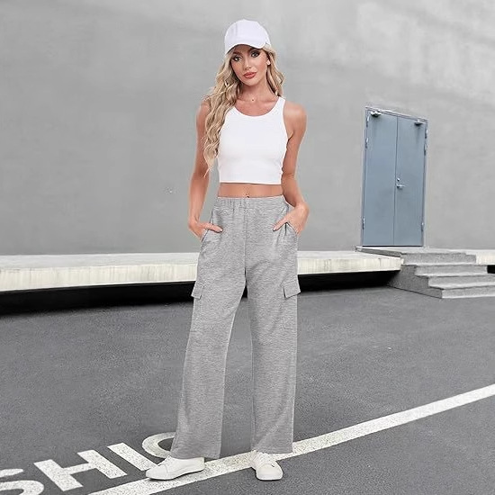 2025跨境新款秋冬工装裤纯色高腰显瘦设计感口袋直筒阔腿宽松裤女