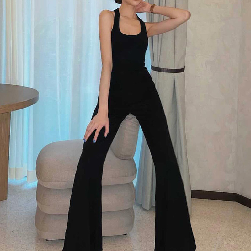 sling backless slim high waist flared solid color jumpsuit NSSWF133855