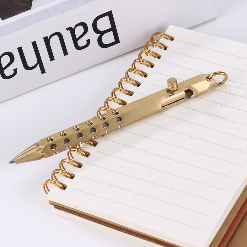 Brass Hexagonal Hollow Edc Portable Pen with Hanging Ring, Vintage Heavy Metal Pen with a Weighted Feel, Compatible with Standard Pen Refills