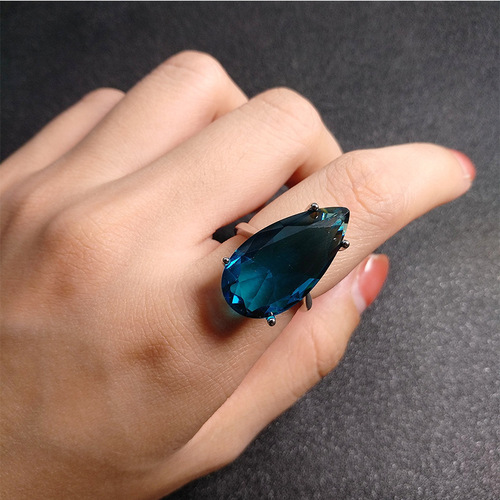 Live delivery of goods, imitation emerald ring, European and American blue crystal diamond ring, emerald drop-shaped ring
