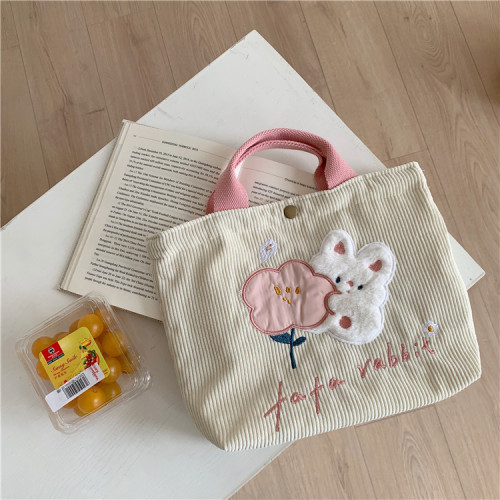 11097 Cute Cartoon Rabbit Embroidered Canvas Bag Corduroy Tote Bag Female Student Work Commuting Lunch Bag
