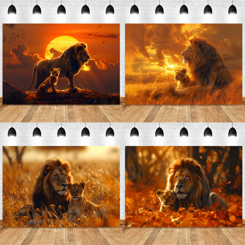 African Lion King Background Cloth Wild Jungle Grassland Animal Theme Birthday Party Decoration Photography Background Cloth