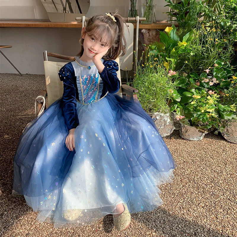 Новое детское платье Эльзы для весны и осени 2025 года, милое сетчатое платье принцессы Эльзы для девочек на Хэллоуин