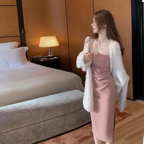 CHI Large Waist High-Low Pink Strappy Dress, Long and Short Versions, Elegant and Sexy Bag