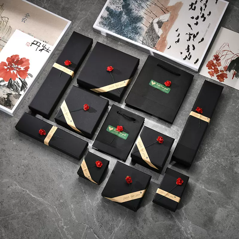 现货黑色项链首饰贴花天地盖礼品纸盒 创意玫瑰花饰品盒厂家批发