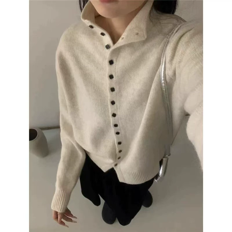 Трикотажный кардиган с длинными рукавами воротником осенью и зимой однобортный дизайн трикотажный свитер не белый другой спандекс