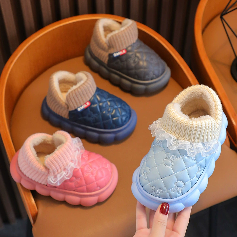 Детская хлопковая обувь, Зимняя Теплая мужская и женская детская обувь из утолщенной искусственной кожи на флисовой подкладке, водонепроницаемая с мягким дном, нескользящая Мужская и женская обувь с мультяшным кроликом