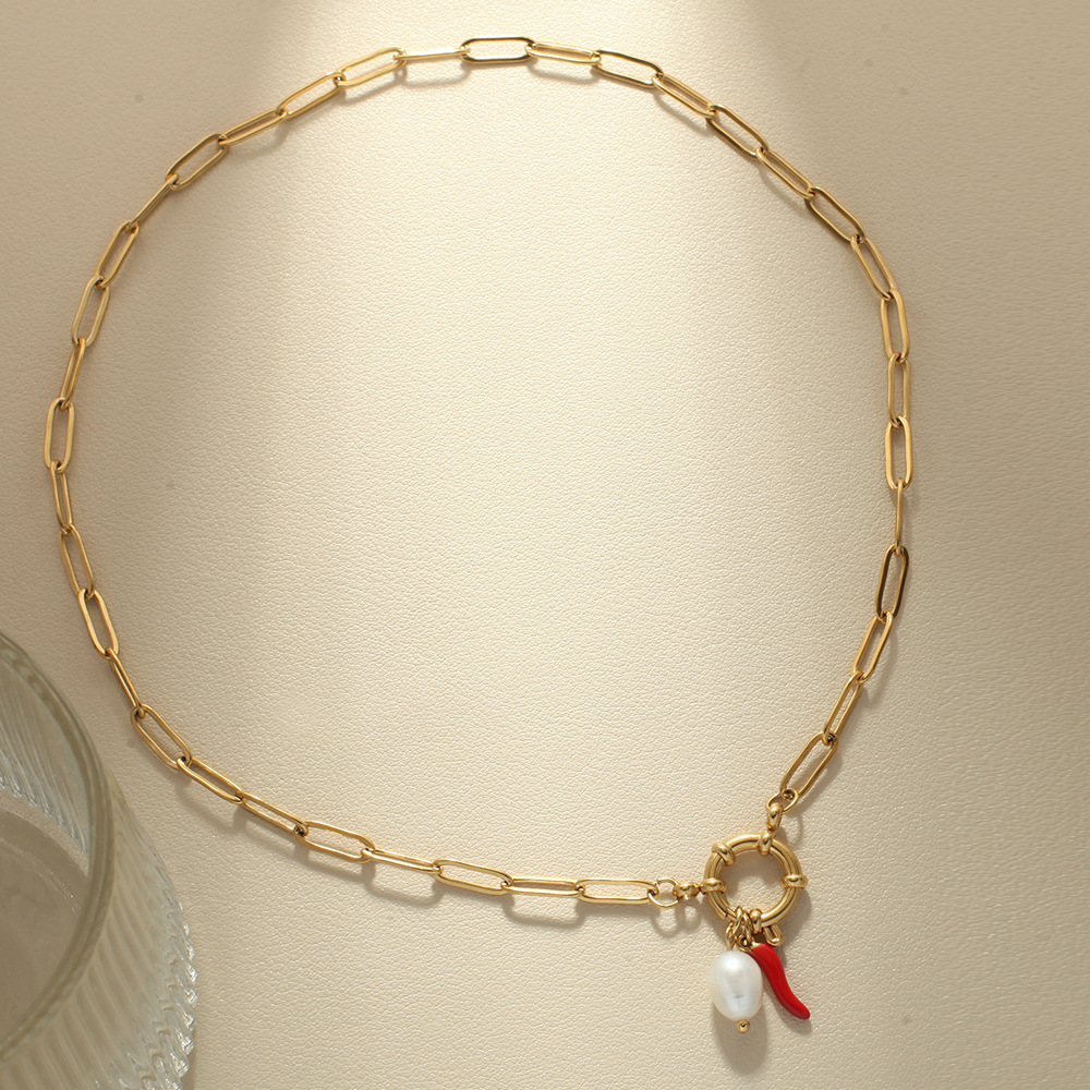 304 Stainless Steel Pendant Material Pendant Necklace Classification 304 Stainless Steel Chain Material PVD Coated Real Gold Plated Geometric Chili 304 Stainless Steel Vintage Style Classic Style Waterproof Non Tarnish 304 Stainless Steel OT Clasp Toggle Clasp Closure Spring Ring Trigger Clasp Closure Pendant Necklace
