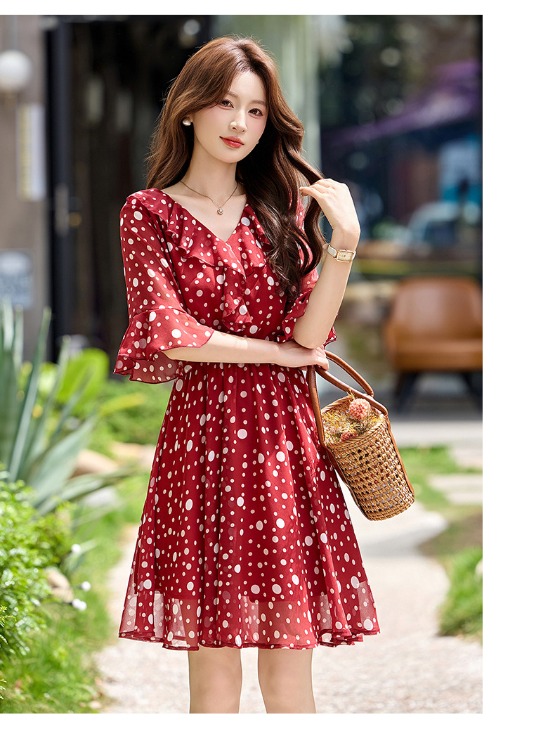 Đầm maxi nữ thắt eo cổ V in chấm bi đỏ — màu đen, màu đỏ chi tiết 23