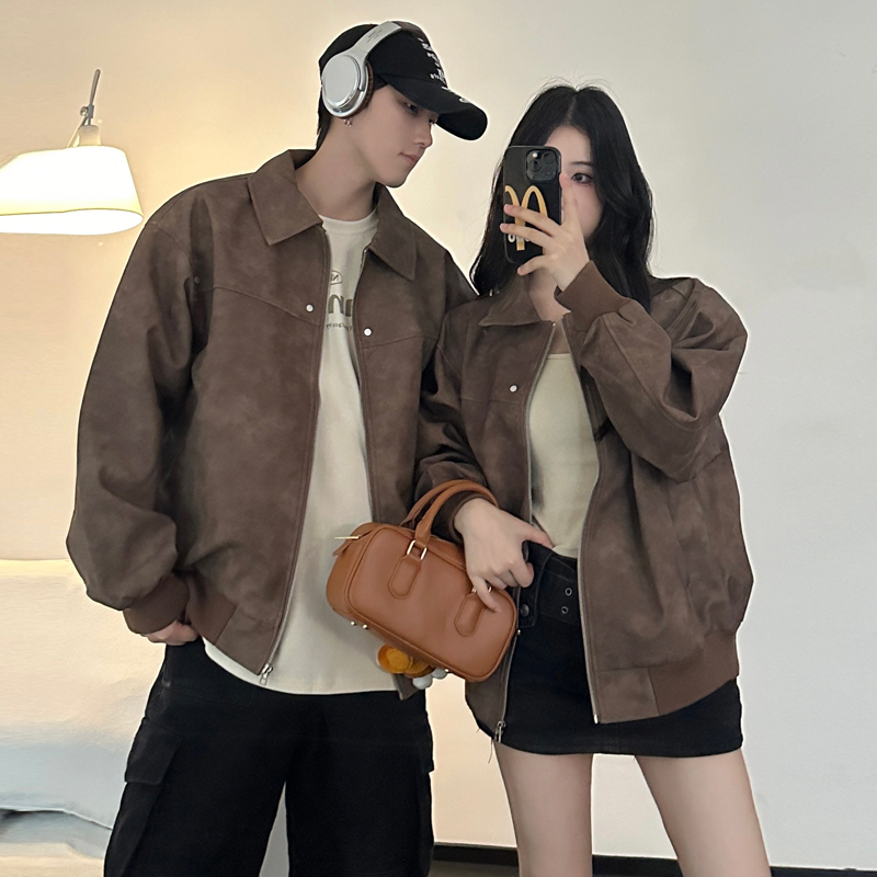 American Style Retro PU Leather Jacket Men's Spring and Autumn Loose High Street Maillard Lapel Baseball Suit Couple Jacket American Style Retro PU Leather Jacket Men's Spring and Autumn Loose High Street Maillard Lapel Baseball Suit Couple Jacket