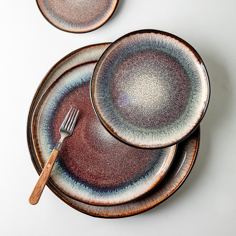 Llama transfronteriza horno esmaltado cubiertos graduados irregulares platos de cerámica platos exportación de porcelana vintage europea y americana única