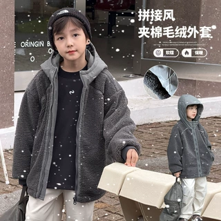 毛绒+夹棉~儿童2025冬拼接连帽棉服男女童时髦保暖轻盈撞色毛毛衣