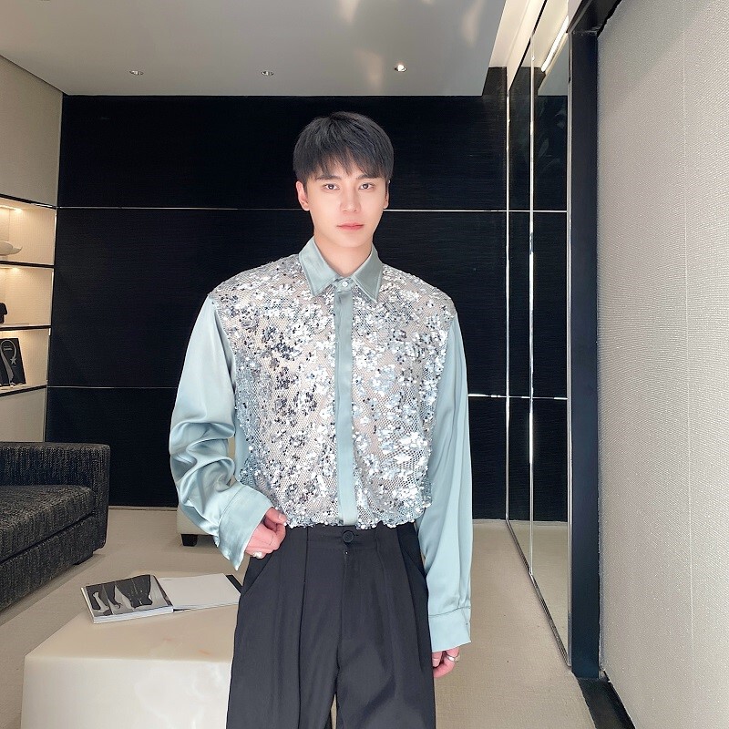 Trendy Flash Sequins Leopard Jacquard Micro Perspective Mesh Shirt Men's Long Sleeve Mesh Lace Shirt Stage Concert