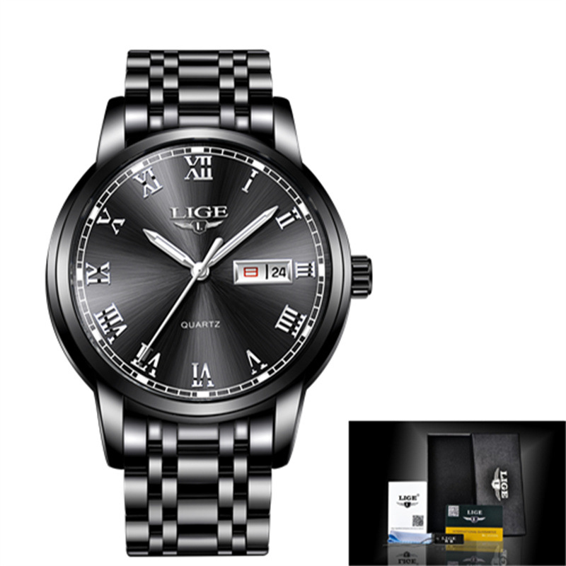 LIGE 9846-Semana banda de acero disco reloj de negocios elegante personalidad calendario hombres reloj casual transfronterizo