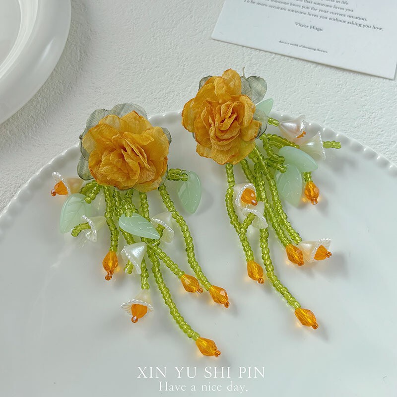 度假风雪纺花朵串珠流苏耳环夏日新款小众个性夸张耳钉高级感耳饰|undefined