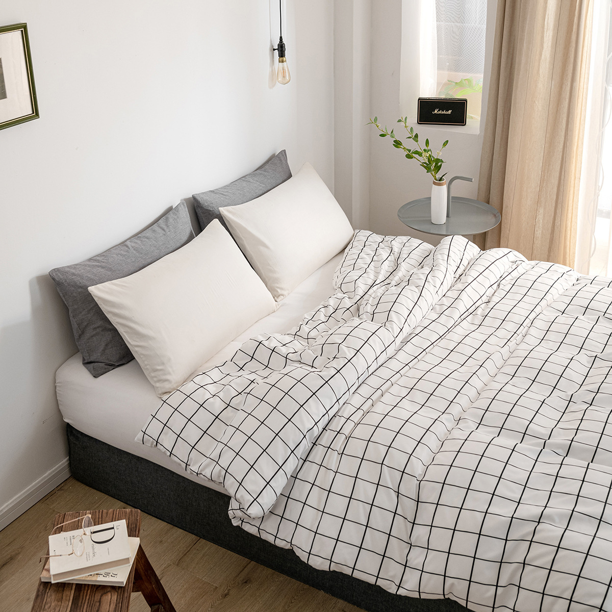 Home textile minimalist Nordic style bedding dormitory single piece sheet matte printed black and white checkered duvet_voghion.com