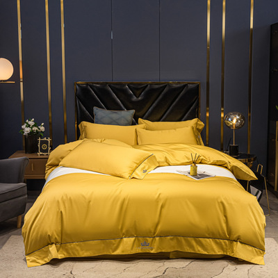 2021 new pattern Cotton hotel Light extravagance Satin Embroidery Broadside Four piece suit Solid Cotton Bed cover bedding Kit