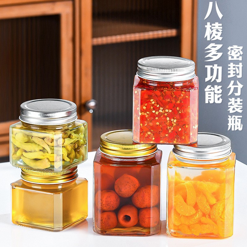 现货八棱蜂蜜瓶酱菜瓶方形罐头瓶辣椒酱果酱瓶空瓶带盖玻璃密封罐