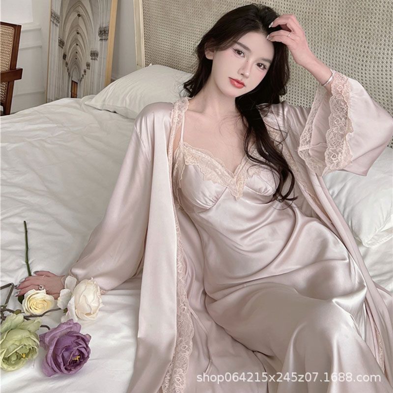Sexy Sling Pajamas Women's Summer 2024 New Ice Silk High-end Pure Desire Wind Belt Chest Pad Nightgown Two-piece Set