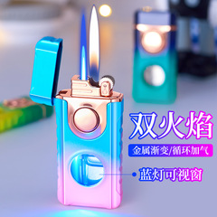 Creative and Personal Dual Flame Igniter with Cool Blue Light, Visible Gas Tank, Direct Flame, Men's Gift Cigarette Lighter