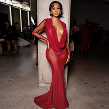 欧美风2025秋冬新款女装性感网纱透视深V领纯色修身长袖连衣裙女