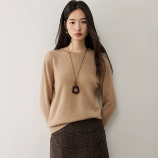 一线成衣极简风山羊绒衫女圆领宽松套头针织衫慵懒基础款打底毛衣