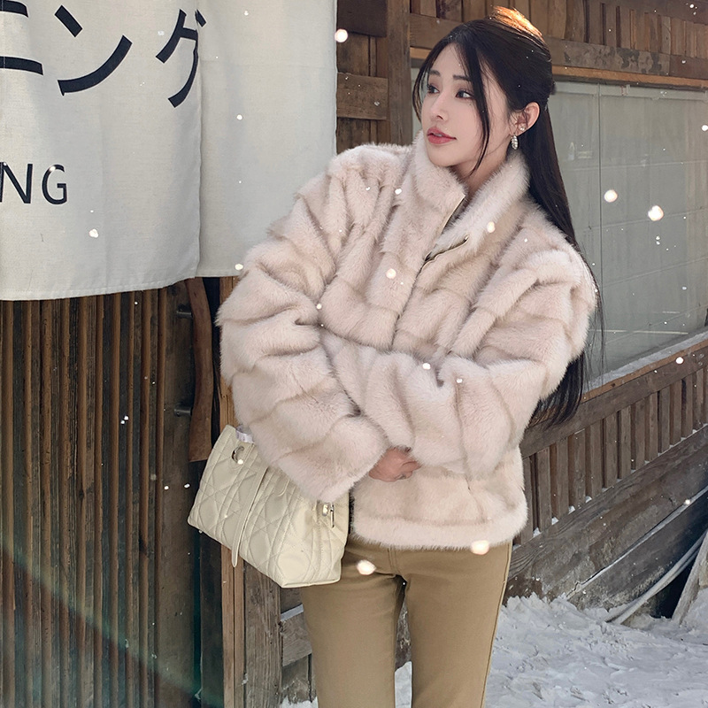 实拍复古韩版新款立领仿水貂毛女冬季长袖拉链环保狐狸毛毛外套