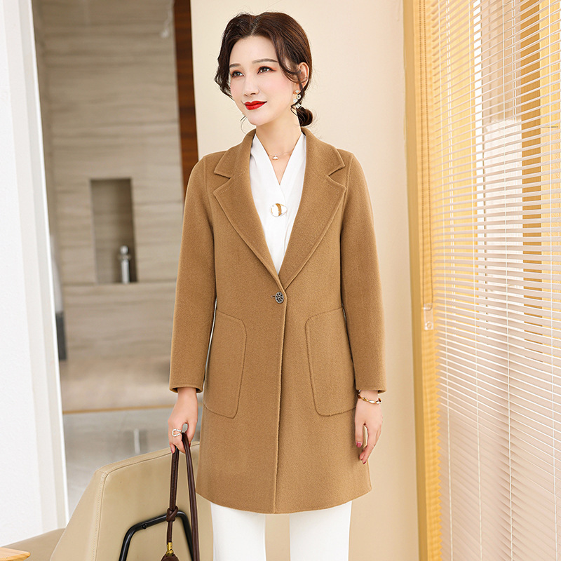 (2개) 원버튼 솔리드 컬러 양모 양면 트위드 코트 여성 하이 엔드 2024 겨울 새 세트 옷깃 트위드 코트