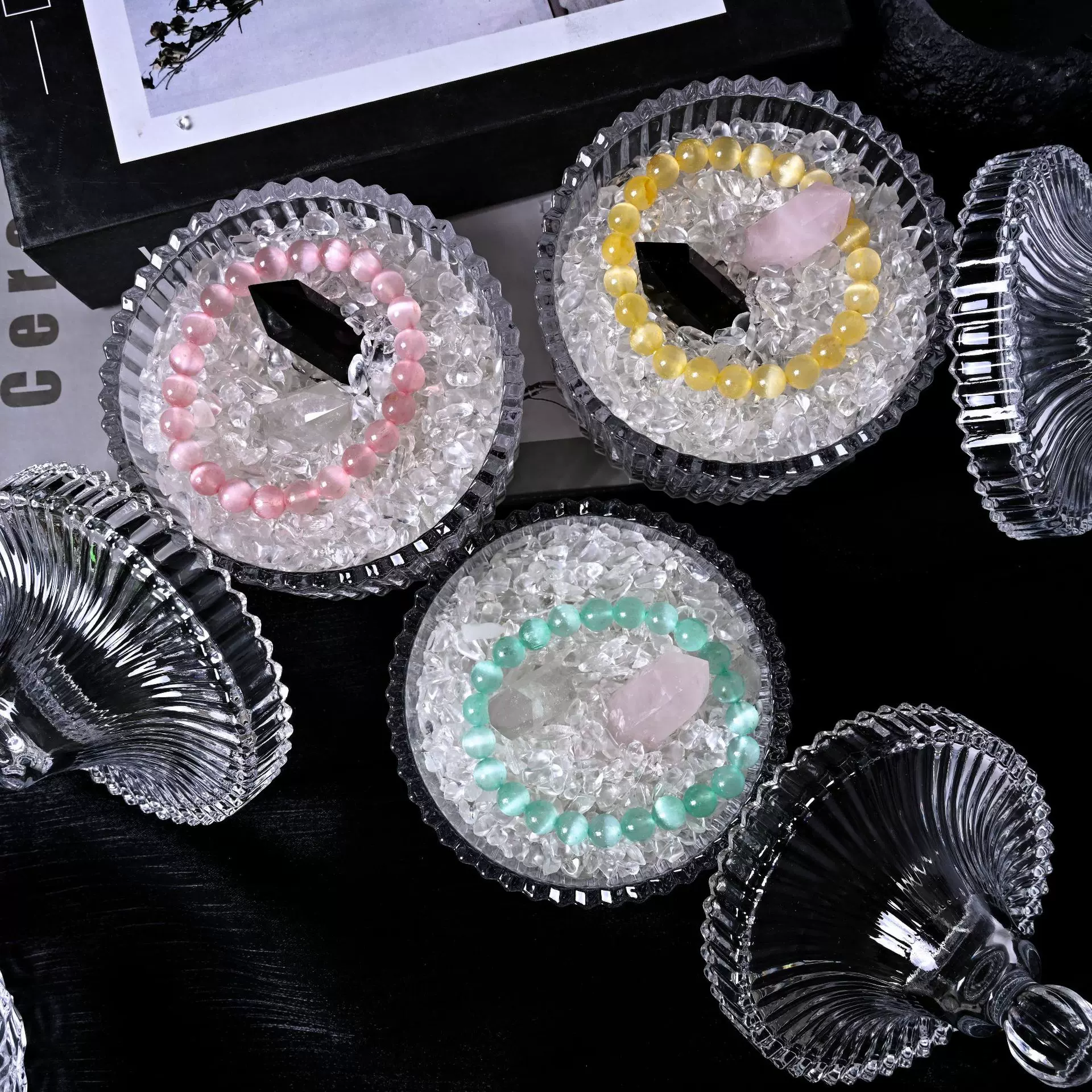 水晶消磁碎石水晶原石手链串珠净化水晶碗消磁碗容器白水晶消磁石