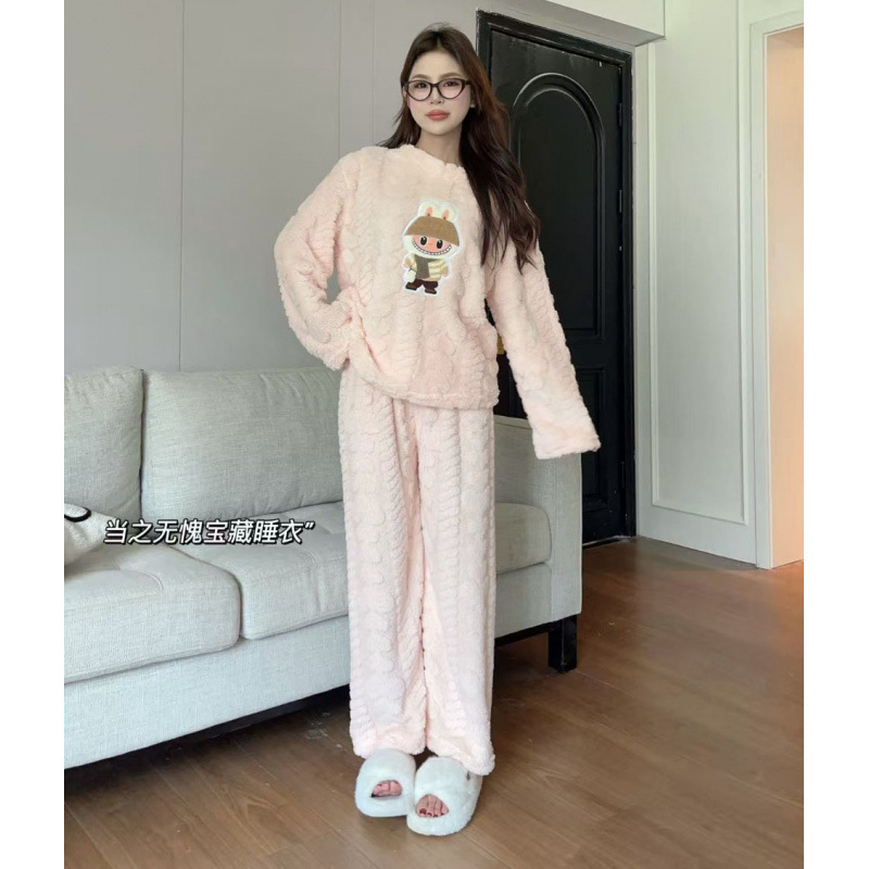 2025秋冬款珊瑚绒爱心睡衣女卡通可外穿加厚保暖爱心软绵绵家居服|undefined