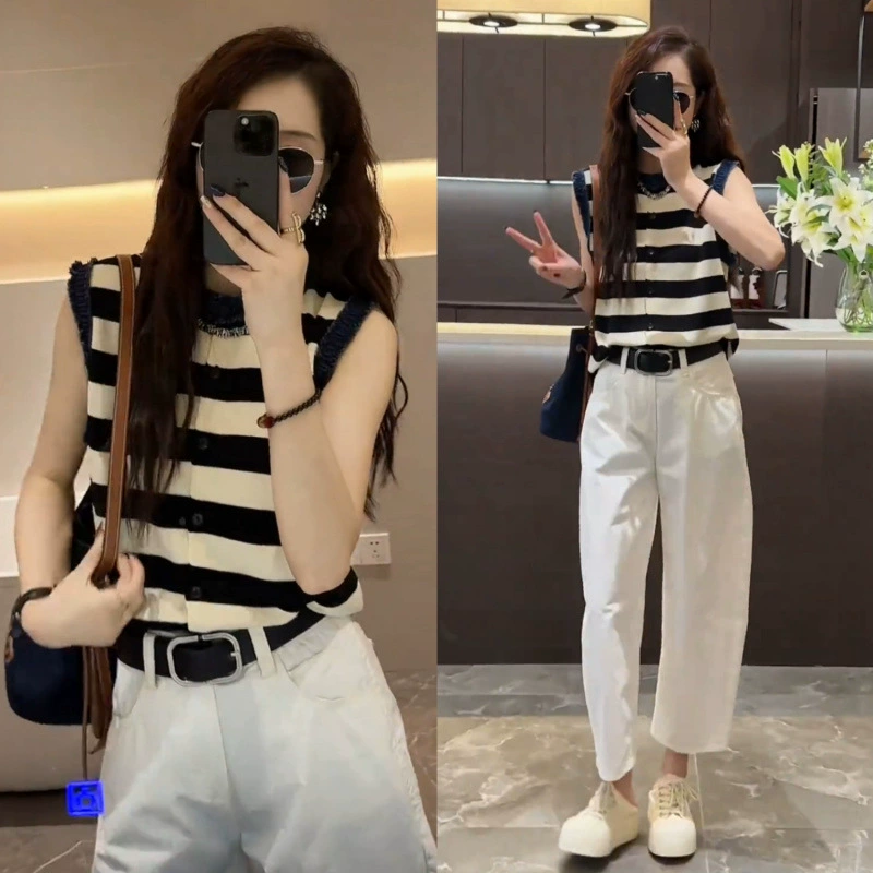 Летний дизайн 2025: вязаный джинсовый топ без рукавов + новые потертые штаны-сабы