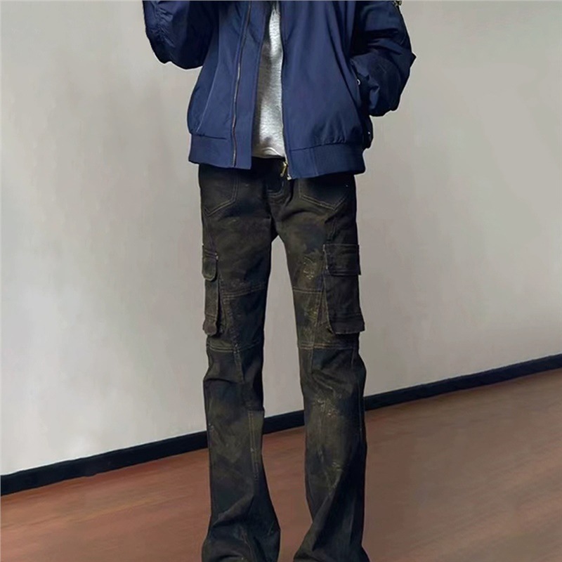 American-Style Camouflage Work Jeans for Men, Autumn Cool Straight-Leg Pants, High-Waisted Slim Fit Flared Pants
