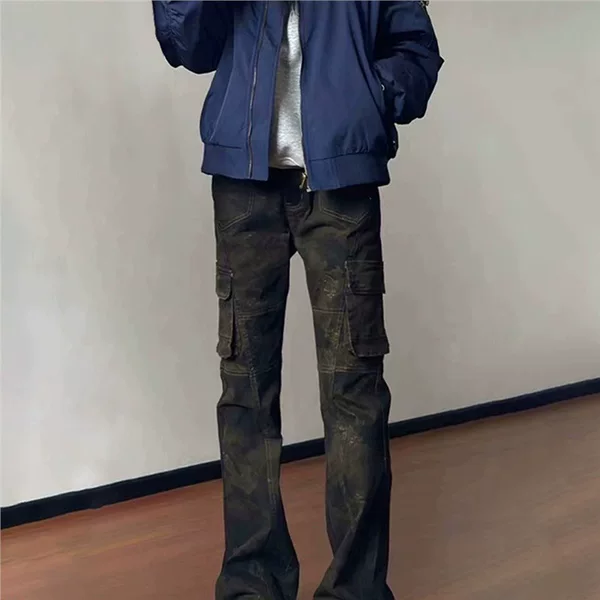 American-Style Camouflage Work Jeans for Men, Autumn Cool Straight-Leg Pants, High-Waisted Slim Fit Flared Pants