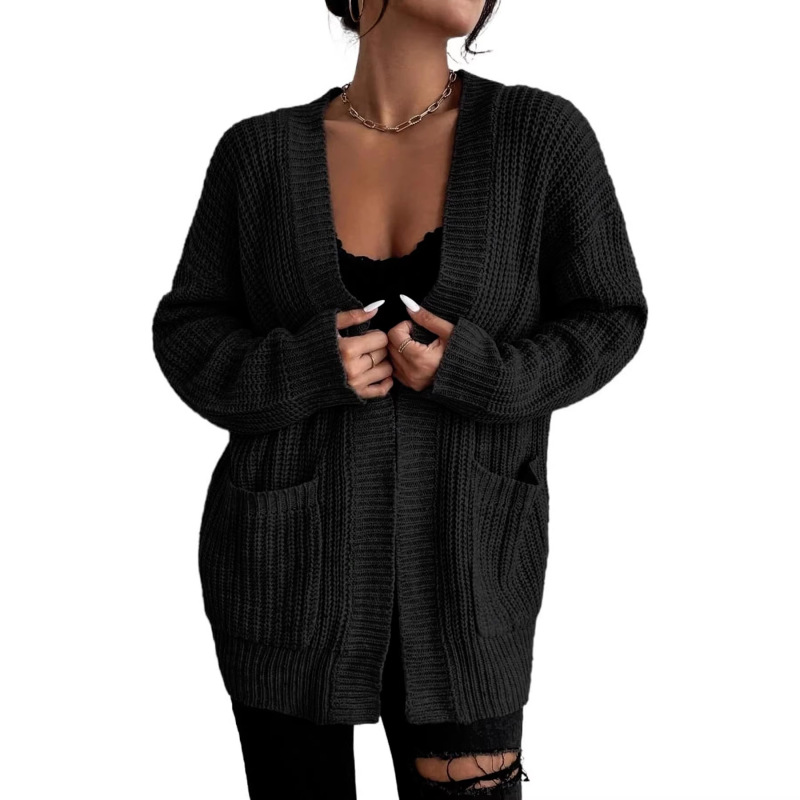 New Casual and Comfortable Style Black Ribbed Cardigan with V-Neck and Buttonless Design, Loose Mid-Length Sweater with Pockets New Casual and Comfortable Style Black Ribbed Cardigan with V-Neck and Buttonless Design, Loose Mid-Length Sweater with Pockets