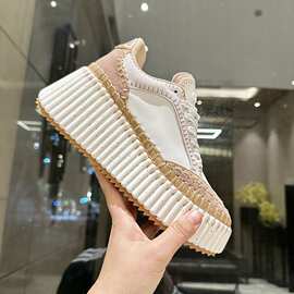 2025新款小众手工缝线系带松糕厚底增高坡跟时尚休闲显高运动鞋