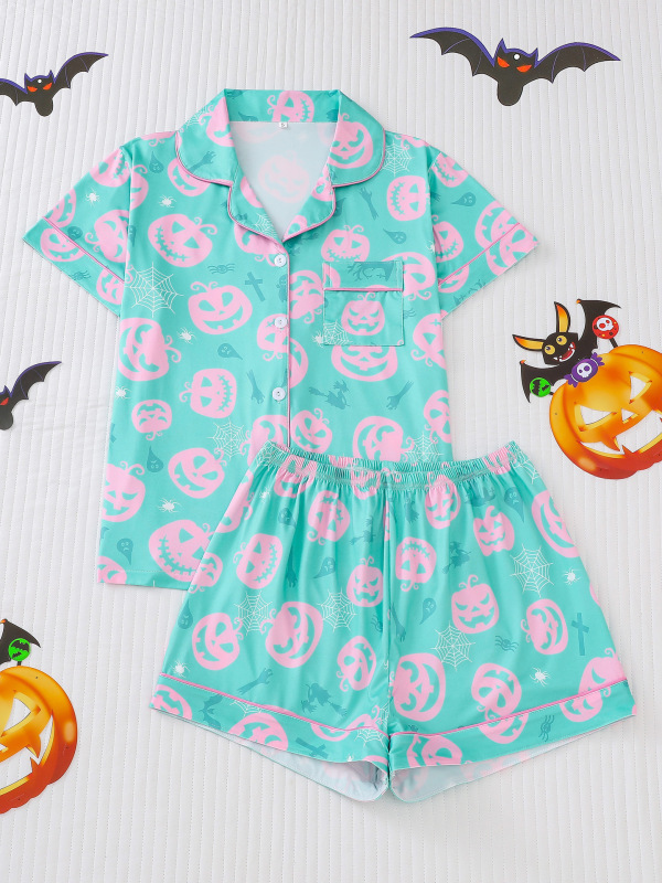 国境を越えた貿易ハロウィンレディース半袖ショーツ四季パジャマセットカーディガンラペルホーム服ゆったりと快適|undefined