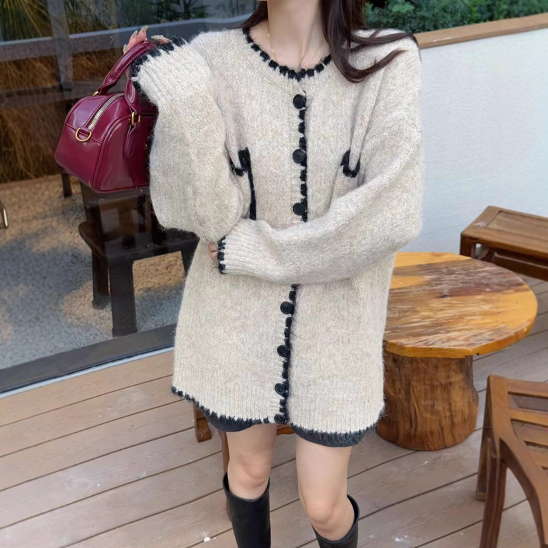 撞色复古慵懒风圆领织开衫毛衣女冬季新款韩版小香风宽松保暖毛衣|undefined