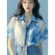French Design Sense Niche Fashion Western Style Age-reducing Temperament High-end Sense Blue Printed Short-sleeved Chiffon Shirt for Summer
