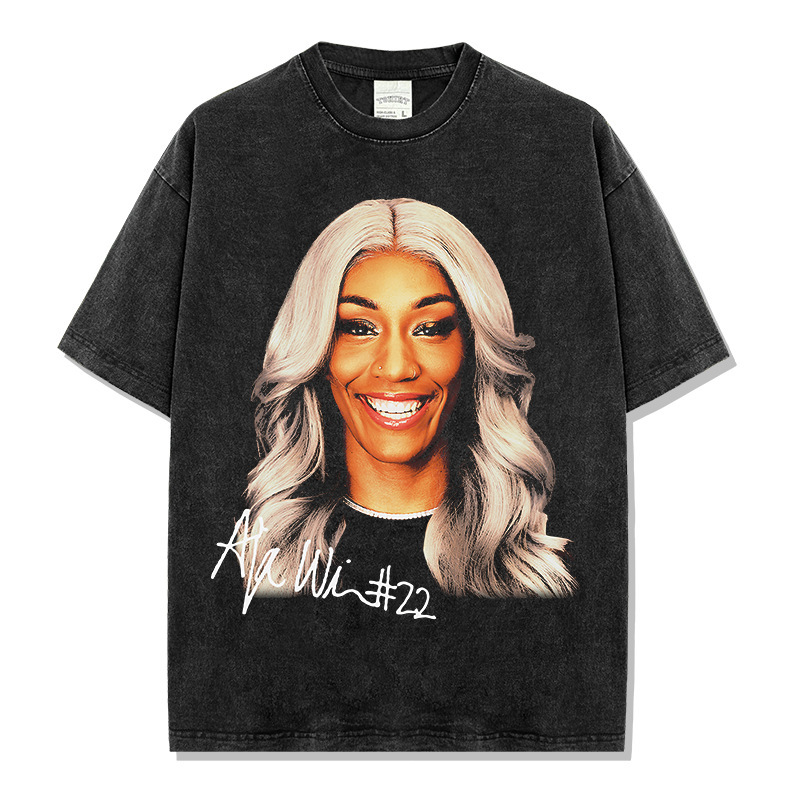 Cross-border American Retro Wilson A'ja Printed Short-sleeved T-shirt Washed Long-sleeved Round Neck Loose Hooded Sweat for Men