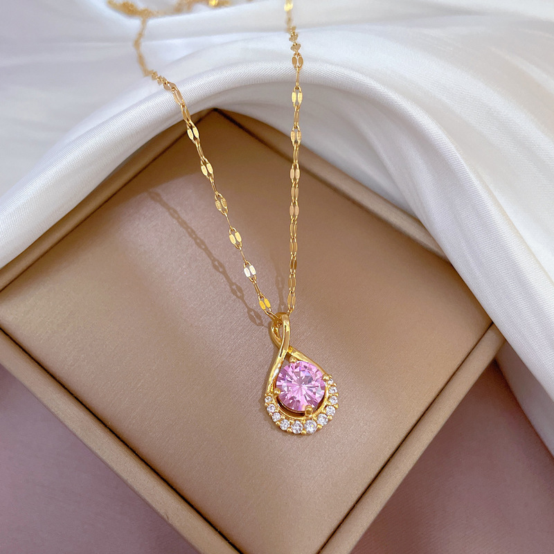 Water Drop Gemstone Necklace Titanium Steel Diamond Inlaid Ins_voghion.com